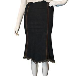 MOA USA Denim Midi Skirt Raw Hem Stretch Panel Dark Wash Size Small
